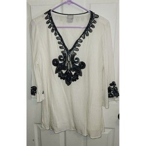 Chicos Alabaster Blue Beaded Embroidered Gauze Tunic Shirt Top Sz 1P US‎ 8/10